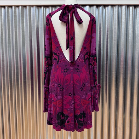 Free People Purple Floral Retro Boho Long Sleeve Retro Mod Scoop Back Dress - Picture 3 of 12